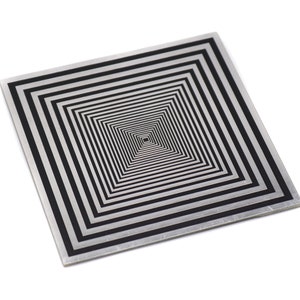 May include: A black and white square target with concentric squares, creating an optical illusion of depth.