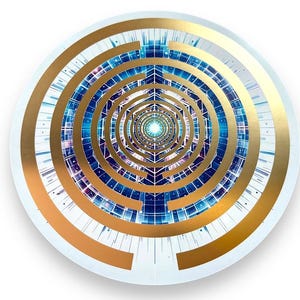Puede incluir: Obra de arte circular con borde blanco y diseño de espiral dorado. El centro presenta un patrón geométrico azul y morado, creando una sensación de profundidad y movimiento. La obra tiene una estética moderna y abstracta.