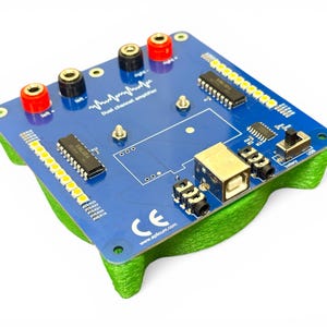 May include: A blue dual channel amplifier circuit board with red, black, and gold connectors. The board has a USB port, a power button, and several integrated circuits. The base is green and the text "Dual channel amplifier" is visible.