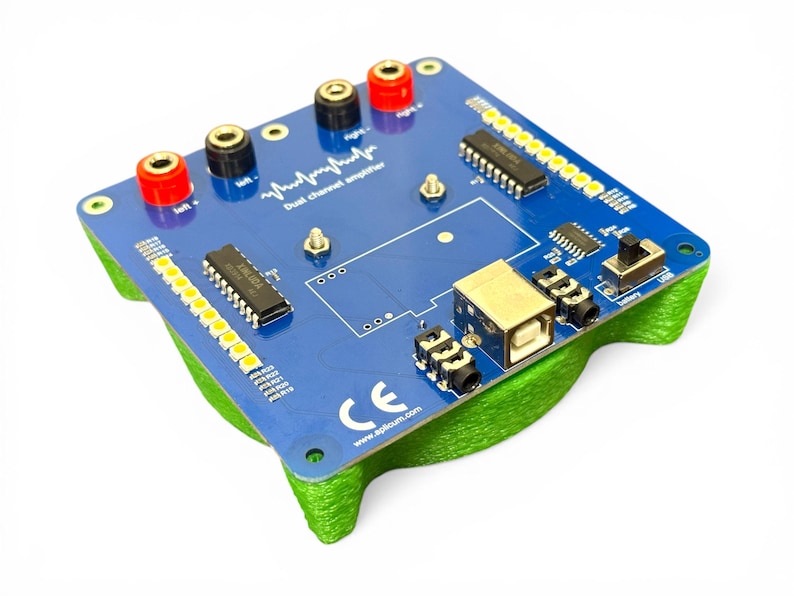 May include: A blue dual channel amplifier circuit board with red, black, and gold connectors. The board has a USB port, a power button, and several integrated circuits. The base is green and the text "Dual channel amplifier" is visible.