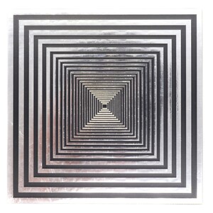 May include: A black and silver square artwork with concentric squares creating an optical illusion of depth.