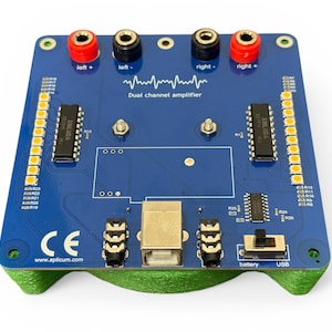 May include: A blue dual-channel amplifier circuit board with red and black terminals, a USB port, and a battery switch. The board has multiple integrated circuits and a green base. Text on the board includes "Dual channel amplifier" and "USB".