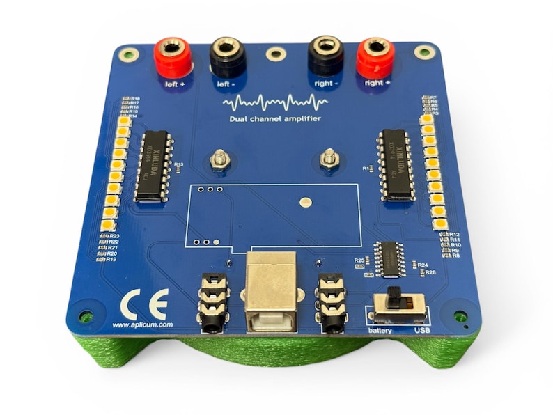 May include: A blue dual-channel amplifier circuit board with red and black terminals, a USB port, and a battery switch. The board has multiple integrated circuits and a green base. Text on the board includes "Dual channel amplifier" and "USB".