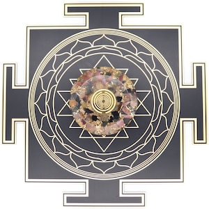 May include: A black and gold geometric wall art piece featuring a central circular design with a spiral pattern. The center circle is filled with a mix of pink, gold, and clear materials. The outer design is a square with a lotus flower and star pattern.
