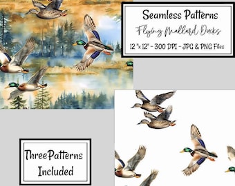 Mallard Ducks Watercolor Seamless Pond Pattern designs Digital Paper Fabric Sublimation All over Print Outdoors Pond Nature Wildlife Lake