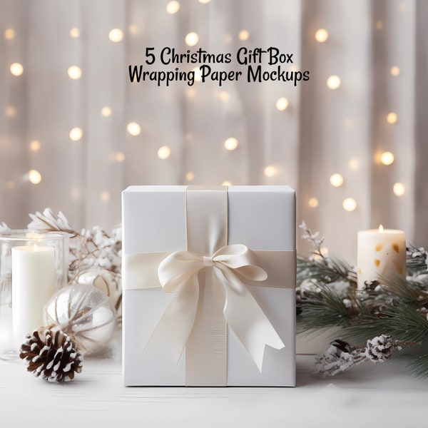 Christmas Wrapping Paper Gift Boxes Mockup Digital Product Display, 5 Holiday Minimalistic Designs Package  Mockups