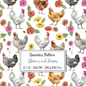 Puede incluir: Patrón sin costuras con ilustraciones de acuarela de pollos y margaritas. El diseño incluye pollos blancos, marrones y moteados, junto con flores rosas, amarillas y rojas. El texto dice "Seamless Pattern Chickens and Daisies 12" x 12" - 300 DPI - JPG & PNG Files."