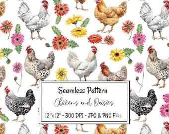 Chicken Seamless Pattern Digital Paper Watercolor Chicken and Daisy Fabric Sublimation Floral All over Print Daisies Farm Farmhouse Rooster