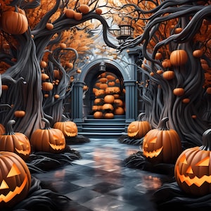 5 Fantasy Halloween Pumpkin Hallway Background Backdrop Rooms for Photography, Spooky Archways Orange Black Digital Downloads