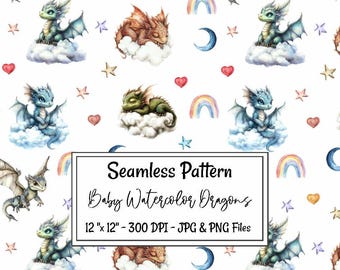 Baby Dragon Watercolor Seamless Pattern, Digital Paper Nursery Child Room Fabric Sublimation All over Print, Fairy Tale Fantasy Clouds