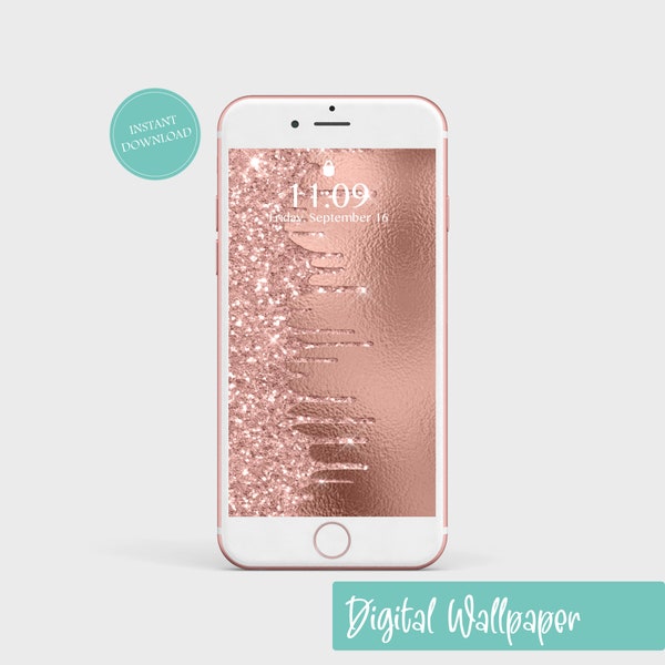 Rose Gold Glitter Dripping Phone Wallpaper Instant Download,  Foil Look Digital Background, 1170 x 2532 & 1080 x 1920 Sizes, iPhone Android