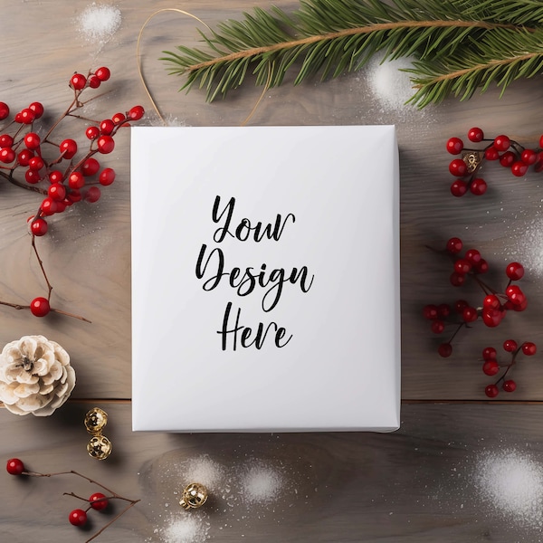 Christmas Wrapping Paper Gift Box Mockup Digital Product Display, Flat Lay Holiday Minimalistic Designs Package  Mockup