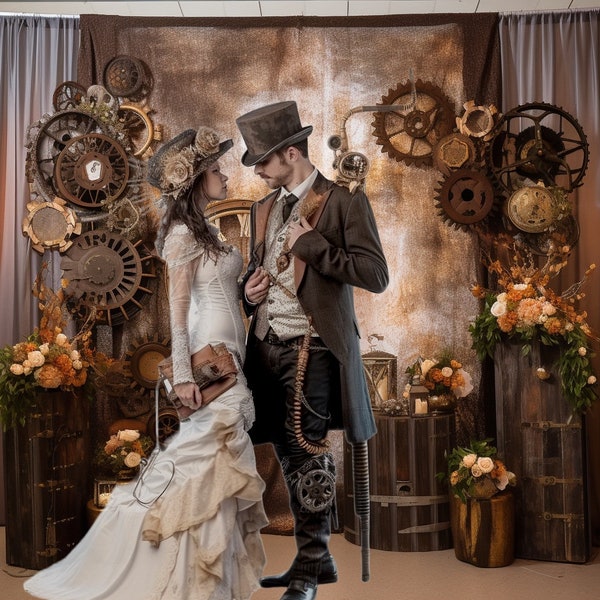 5 Steampunk Wedding Victorian Background Backdrop for Photography, Science Fiction Western Industrial Party Gears Altar Digital Downloads