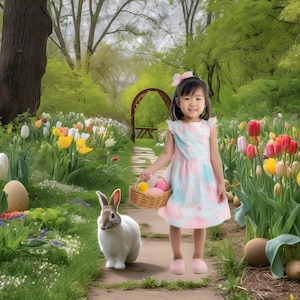 Easter Bunny on Path Background Backdrop Rooms for Photography, 2 Spring Garden Easter Eggs Tulips Outdoors, Printable Photoshop Digital