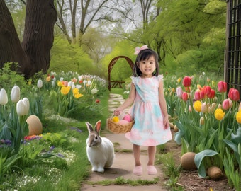 Easter Bunny on Path Background Backdrop Rooms for Photography, 2 Spring Garden Easter Eggs Tulips Outdoors, Printable Photoshop Digital