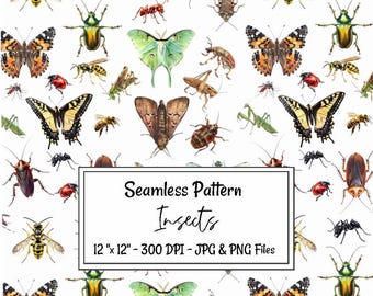 Insect Seamless Pattern Bug Digital Paper Watercolor Moth Fabric Sublimation Butterfly All over Print Beetle Insect Repeating Pattern