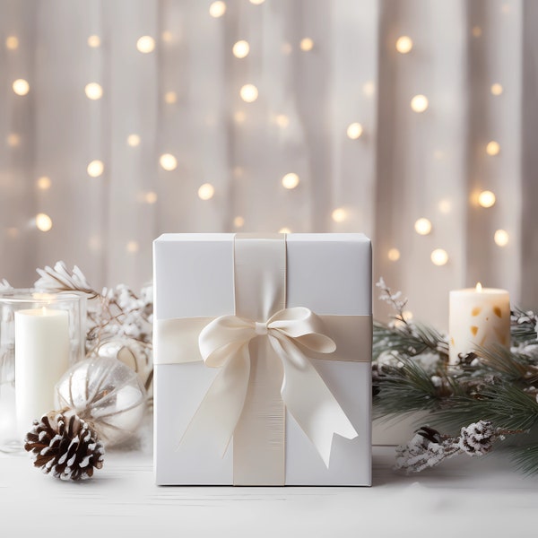 Christmas Wrapping Paper Gift Box Mockup Digital Product Display, Holiday Minimalistic Designs Package PNG Mockup