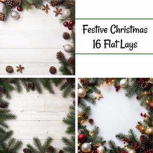 May include: A collection of 16 festive Christmas flat lays featuring pine branches, ornaments, pinecones, and string lights on a white wooden background.