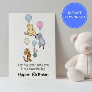 Winnie Puuh Geburtstag Instant Download Karte, klassische Tigger Piglet Eeyore digitale faltbare Grußkarte, 5 x 7 druckbare, Ballons