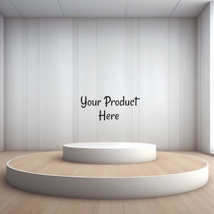 5 Podium Product 3D Mockups Background Room  , Wood White Minimalistic Display Backdrop Photoshop Design , Digital JPEG Download Realistic