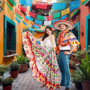 May include: A couple in traditional Mexican clothing stand in a colorful alleyway decorated with paper flags. The woman wears a white blouse with a floral skirt and the man wears a blue shirt with a colorful poncho and a sombrero.