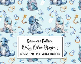 Baby Dragon Seamless Pattern Blue Nursery Digital Paper Fantasy Dragon Blue Dragon All over Print Baby Shower Pattern Digital Download