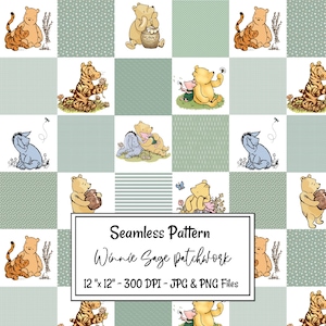 May include: A seamless pattern featuring Winnie the Pooh and his friends in a patchwork design. The pattern includes various characters like Tigger, Piglet, Eeyore, and Pooh Bear. The background is a sage green color with white squares.