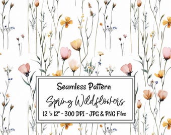 Wildflowers Seamless Pattern Spring Flower Digital Paper Floral Minimalistic Sublimation Wildflower All over Print Flower Nursery Download