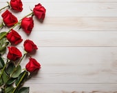 3 Red Long Stem Roses Product Flat Lay, Mockup Background, Valentine's Day Love Wood Table Styled Display, Backdrop Styled Photography
