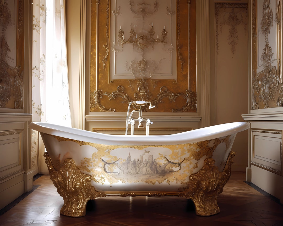 5 Victorian Ornate Bathroom Tub Mockup Background , Interior Gold