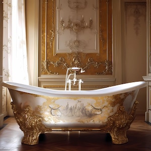 5 viktorianska utsmyckade badrumsbadkarsmodellbakgrund, interiör guldfärgad badkar digital overlay fönstervy bakgrund badkar Photoshop