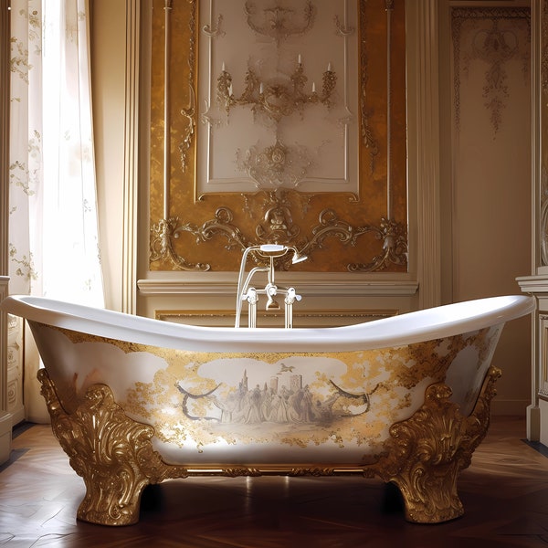 5 Victorian Ornate Bathroom Tub Mockup Background , Interior Gold Bathtub Digital Overlay Window View Backdrop Tub Photoshop