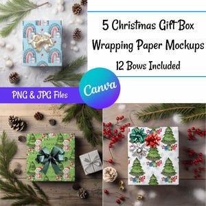 Modelli di carta da regalo natalizia, 5 confezioni regalo di prodotti natalizi, 12 fiocchi, sfondo Canva PNG JPG, visualizzazione in stile digitale, trascinamento della selezione