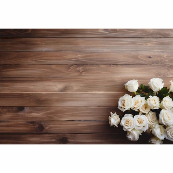 White Rose Product Background Mockup, Wood Table Flat Lay Digital Styled Display, Flower Floral Wedding Baby Shower Stock Photography