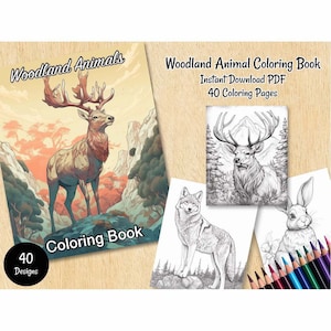 Woodland Animals Coloring Book Page Bundle , Adults Kids Instant Download Wildlife Grayscale 40 Images, Printable PDF File, Wolf Bear Deer