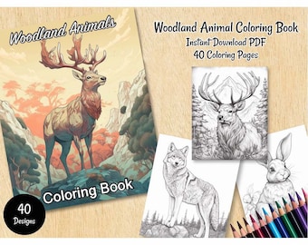 Woodland Animals Coloring Book Page Bundle , Adults Kids Instant Download Wildlife Grayscale 40 Images, Printable PDF File, Wolf Bear Deer