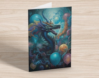 Dragon & Balloons Instant Download Birthday Card Digital Foldable Greeting Card 5 x 7 Printable Card Fantasy Artwork Whimsical Dragon