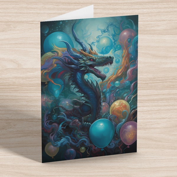 Dragon & Balloons Instant Download Birthday Card, Digital Foldable Greeting Card, 5 x 7 Printable Card, Fantasy Artwork Whimsical Dragon