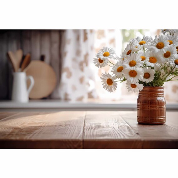 Wood Table with Daisies Product Background Mockup Digital Styled Display,  1 JPEG Flower Vase Shelf Kitchen Stock Blank Wall Interior