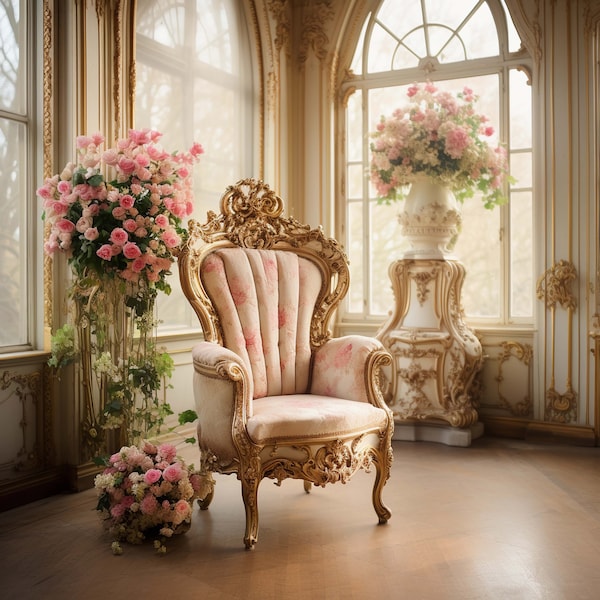 Victorian Ornate Floral Room Chair Background , 5 Interior Backdrop Portrait Maternity Photoshop Baby Shower Overlay Gold Pink  Mockup