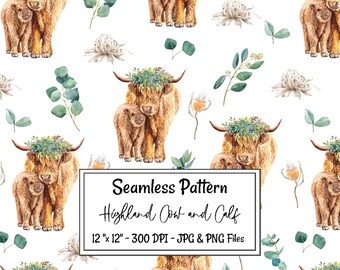 Highland Cow & Calf Watercolor Seamless Pattern Nursery Gender Neutral Cow Digital Download Highland Cow Baby Shower Seamless Eucalyptus