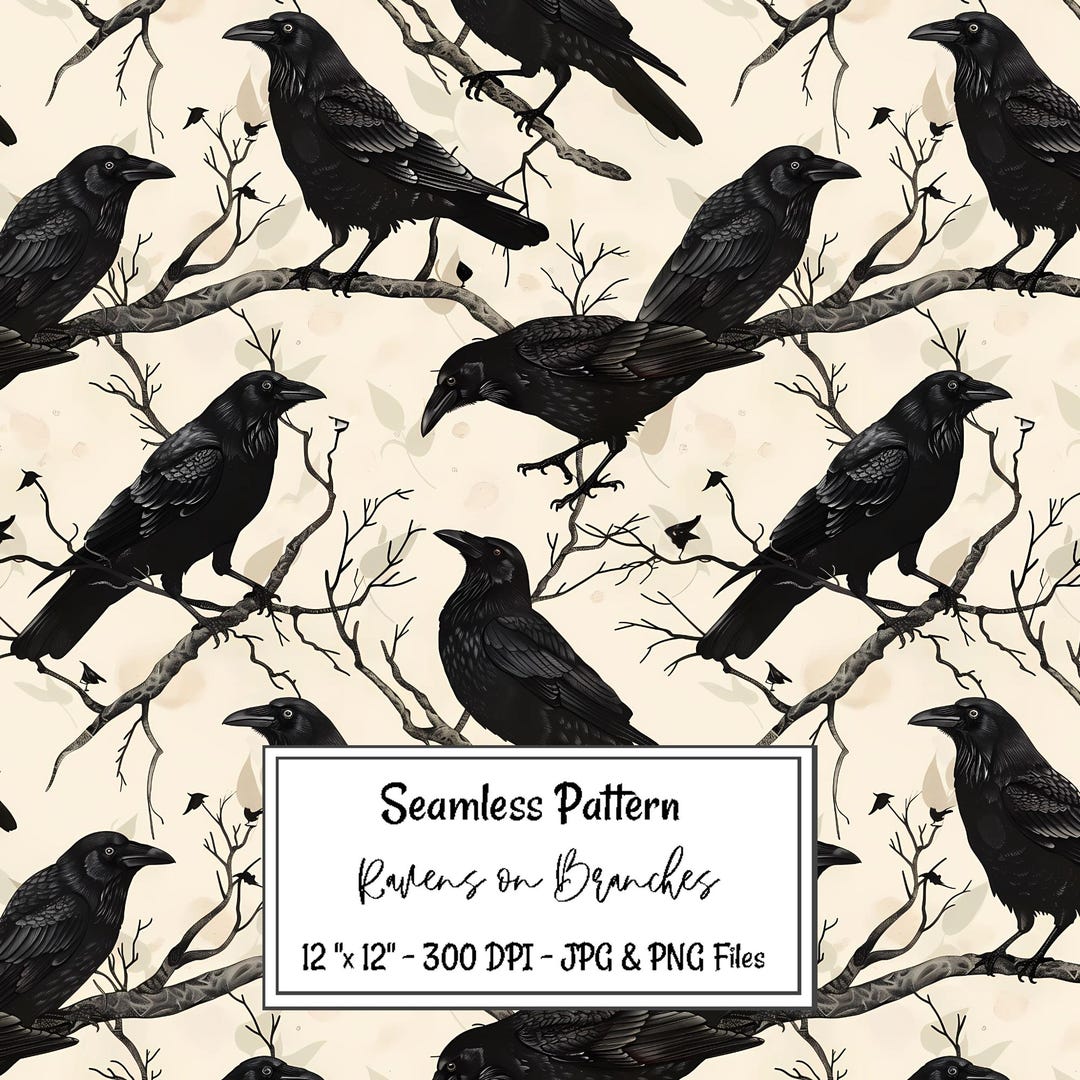 Raven Seamless Pattern Crow Digital Paper Raven on Branches Sublimation ...