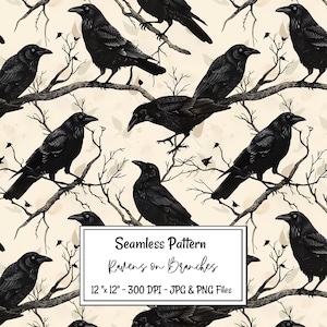 May include: Seamless pattern featuring black ravens perched on tree branches against a cream background. The design includes the text "Seamless Pattern Ravens on Branches" and dimensions of 12" x 12". The image is available in JPG and PNG files.
