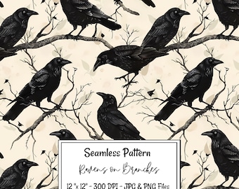 Raven Seamless Pattern Crow Digital Paper Raven on Branches Sublimation Bird All over Print Gothic Pattern Digital Download Goth Raven