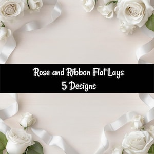 Mockups planos de rosas brancas e fitas, pacote com 5 fundos, cenário para casamento, display digital estilizado, convites, vestuário e papelaria