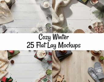 Cozy Winter Flat Lay Mockup Christmas Product Background Table Flatlay Styled Digital Download Display Holiday Stock Photography