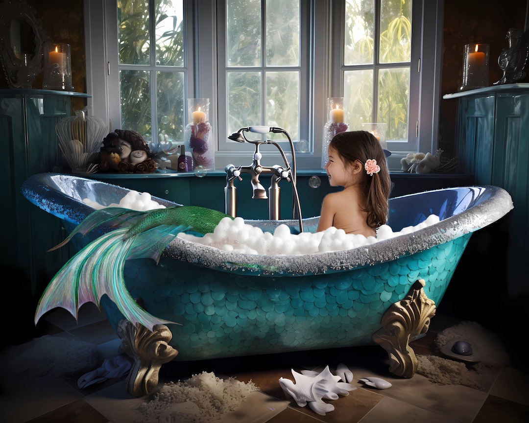 Mermaid Bathtub Bubble Bath Mockup Digital Background , 4 Designs
