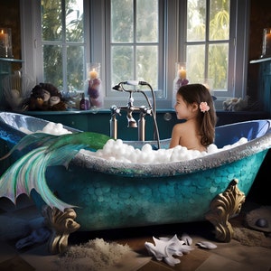 Mermaid Bathtub Bubble Bath Mockup Digital Background , 4 designs Mermaid Tail in Ornate Tub Backdrop Photoshop Overlay Teal Purple Window