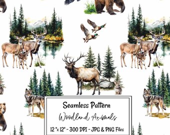 Woodland Animal Seamless Pattern Digital Paper Watercolor North America Wildlife Nursery Child Room Fabric Sublimation All over Print Forest