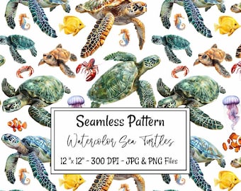 Sea Turtle Watercolor Seamless Pattern, Digital Paper Child Room Fabric Sublimation All over Print, Sea Life Ocean Tropical Marine Under Sea